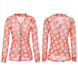  MQTIME  -  Women Shirts Flower Print Long Sleeve Ruched Button Down Slim Fit Blouse See Through Fashion Work Tops Streetwear