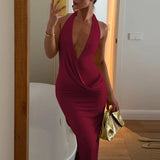 MQTIME  -  Lady Sexy Backless Slit Evening Dresses Temperament Hang Neck Tie Sleeveless Hug Hip Dress Elegant Solid Off Shoulder Dress
