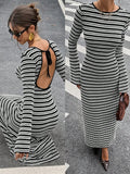 MQTIME  -  Slim Fit Knitted Long Sleeve round Neck Bell Bottom Striped Dress Cross Border New Style Fresh Sweet Style Casual Dress
