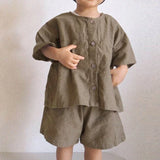 MQTIME  -  Children's Retro Cotton Linen Suit Summer New Korean Kids Casual Loose Shirt + Shorts Boys And Girls 2 Pcs Sets WT045
