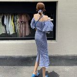 MQTIME   - Summer Blue Sexy Off Shoulder Dress Ladies Korean Fashion Lattice Female Dresses Puff Sleeve Elegant Midi Fishtail Dress Vestido