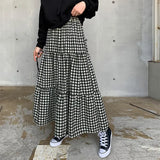 MQTIME  -  Maxi Gingham Skirt Women Ankle Length Cotton-linen Black & White Plaid Elastic Waist Tiered Pleated Long Skirt Ladies falds