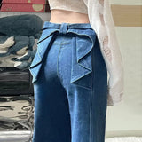 MQTIME  -  Ladies Fashion Stitching Edge Ruffles Office Pants 2025 Elegant High Waist Straight Denim Trousers Women Chic Jeans Long Pants