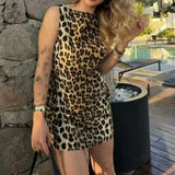 MQTIME  -  Women Leopard Print Sexy Mini Dress 2024 Summer Fashion Holiday Party Skirt Vintage Sleeveless Zipper Folds Slim Mini Dress