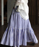 MQTIME  -  Maxi Skirts Vintage Style Striped Cotton Skirts Femme Japanese Long Skirt Loose Fit Stretch Waist Holiday Bottoms