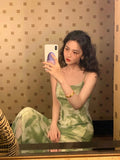 MQTIME  -  French green printed suspender dress for women's summer halo dyed irregular mid length dress