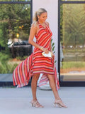 MQTIME  -  Fashion Striped Halter Dress Women Elegant Sleeveless Backless Irregular Hem Midi Dresses Summer Lady Vacation Robes