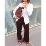 MQTIME  -  Women's Spring Summer Silk Satin Long Pants Elastic High Waist Solid Color Elegant Loose Fit Silky Wide Leg Trousers