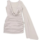 ﻿ MQTIME  -  Ruched Bodycon Mini Dress One Shoulder Slit Flare Long Sleeve Draped Backless Slim Party Clubwear Women Elegant Sexy Vestidos