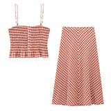  MQTIME  -  Women Elegant Red Plaid Skrit Sets Short Sling Top Camis High Waist Midi Skirts Summer Casual Holiday Beach Outfits
