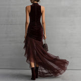 MQTIME  -  Seasonal Hot Selling Velvet High Neck Sleeveless Slim Fit Irregular Hem Chiffon Trailing Dress