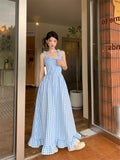 MQTIME  -  Ear Hem Plaid Maxi Dresses for Women Small Fresh Ruffles Dress Korean Square Collar Sleeveless Vestidos