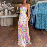 MQTIME  -  Spring Slim Fit Hem Long Dress Sexy Strapless Floral Print Boho Maxi Dress Womens Summer Fashion Off Shoulder Pleated Dress