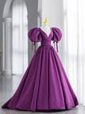 MQTIME  -   Sexy Purple Puff Sleeve Prom Party Dress Women Dark V Neck Satin Long Evening Dress Vestidos De Fiesta