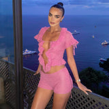 MQTIME  - Ruffles Knitted Two Piece Set Women Lace Up Ribbon Short Sleeve Shirts Crop Top Matching Shorts Summer Casual Streetwear Suits