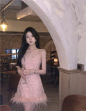 MQTIME  -  Party Dress Women Sexy Slim Sequins Spliced Fur Strapless Dresses Spring Summer Sleeveless Fashion Vestidos