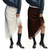 MQTIME  -  Women Lace Trim Satin High Low Skirt Asymmetrical Hem Flowy Midi Slip Skirt Y2k A Line Silky Underskirt