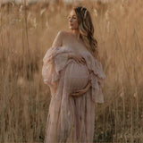 MQTIME  -  Pleat Mesh Boho Maternity Dress For Photography Props V-neck Sides Slit Bohemian Pregnancy Photo Shoot Dress