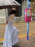 MQTIME  -  Elegant High Waist Lace Stitch Blue Striped Square Neck Midi Long Dress Dresses Women fairycore y2k 00s korean clothing vintage