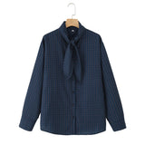 MQTIME  -  Women Plaid Shirts Spring Autumn New Female Scarf Collar Lace-Up Long Sleeve Single Fashion Blouses Lady Casual Chic Shirt Tops