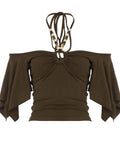  MQTIME  -  American Vintage Solid Beading Halter Short Sleeve All Match Slim-waist Top Female