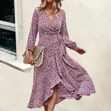 MQTIME  -  Printing Maxi Dress V Neck Bandage Boho Holiday Dress Long-sleeved Belt Lace-up Vestidos Ruffled Beach Dresses