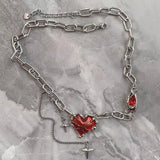 Mqtime Gothic Vintage Red Heart Star Cross Pendant Chain Necklace For Women Men Halloween Punk Y2K Grunge Hip Hop Jewelry Accessories