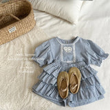 MQTIME  -  New Summer Toddlers Kids Plaid Sets Lace Puff Sleeve Tops Layered Shorts 2pcs Baby Girls Cute Outfits