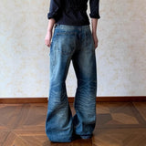 MQTIME  -   Unsiex Jeans New American Vintage Washed Denim Jeans Ripped Edge Patched Whiskering Straight Loose Fit For Men Women