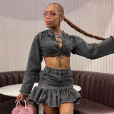 MQTIME  - Autumn Winter Jeans Two Piece Set Women Buttons Tassel Full Sleeve Crop Tops High Waist Slim Ruffles Mini Skirt Denim Streetwear