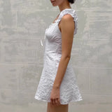 MQTIME  -  French Style White Lace Trim Short Sleeve Dress 2025 Summer A Line Bow Tie Casual Mini Dress