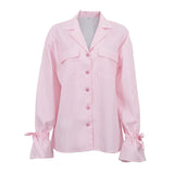 MQTIME  -  Striped Commuter French Shirt Women's Spring and Autumn New Printed Lapel Flared Sleeve Loose Pocket Shirt