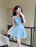 MQTIME  -  Plaid Dresses Women Bandage Sleeveless Slim Lace Patchwork Summer Fashion Sweet Elegant Party Mini Dress Female Casual