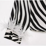 MQTIME  -  Fashion Minimal Zebra Print Leisure Blouse Classic V Neck Fluffy White Feather Cuffs Top Women Autumn City Casual Walk Blouse