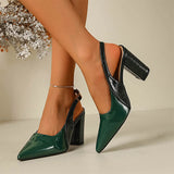 MQTIME  -  Size 42 Elegant Pointed Toe Block High Heels Slingback Pumps Summer Vintage Green Brown Party Dress Shoes Women