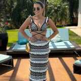 MQTIME  -  Summer Striped Knitted Beach Dress Sets Women Sexy Backless Slim Bohemian Skirts Suits Fashion Ruffle Holiday 2 Piece Set 2024