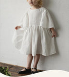  MQTIME  -  Summer Retro Linen Loose Flared Sleeve Dress Girls New Solid Color Cotton And Linen Casual Back Bow Tie Princess Dresses