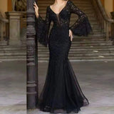 MQTIME  -  Women Long Dress Sexy Flare Sleeve Lace Embroidery Dresses Elegant High Waist Night Vestidos Female Party Evening Maxi Dress