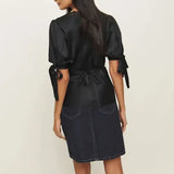MQTIME  -  Women Summer Elegant Satin Silk Tops Lace Patchwork Adjustable Ribbon Tied Short Puff Sleeves Sweatheart Neck Blouse