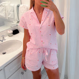 MQTIME  -  Women 2 Piece Floral Pajamas Set Y2k Long Sleeve Button Down Shirt Side Split Shorts Set Sleepwear Loungewear