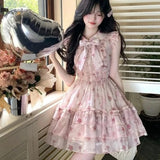 MQTIME  -  ﻿ Women Floral Mini Dress French Bow Sweet Butterfly Sleeve Ball Gown Dress Summer Elegant O Neck Kawaii Female Cake Dress New