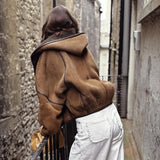 MQTIME  -  Brown Faux Shearling Trimmed Horn Button Short Jacket Women Patchwork Full Sleeve Oversize Coat Winter Cozy Stylish Outerwear