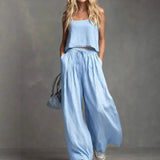 MQTIME  -  Spring and Summer Women's Solid Color Casual Cotton and Linen Suspender Top Wide Leg Pants Set