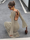 MQTIME  -  Slim Fit Knitted Long Sleeve round Neck Bell Bottom Striped Dress Cross Border New Style Fresh Sweet Style Casual Dress