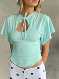 MQTIME  -  Solid Hollow Out Lace Up T-shirt Women Front Flutter Sleeve Fitted Waist Curved Hem Casual Tops Summer Daily Street Blouses