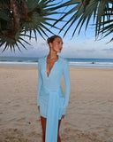 MQTIME  -  Chic Long Sleeved Lapel Tie Women Mini Dress V-neck Button Slim Hip Package Short Dresses 2025 Spring Summer Lady Party Vestidos