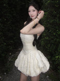MQTIME  -  French Elegant Coquette Strapless Dress Women Ivory Mesh Ruched Waist Jacquard Bubble Hem Slim Fit Mini Dress Birthday Outfit