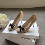  MQTIME  -  Fashion Patent Leather Bowknot Patchwork Women Pumps Elegant Round Toe Spring Summer Mesh Thin High Heels Wedding Dress Shoes