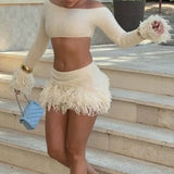 ﻿ MQTIME  -  Fall Women Sexy Tassel Patchwork Solid Knitted 2 Piece Set Off Shoulder Long Sleeve Crop Tops + Bodycon Mini Skirts Suits