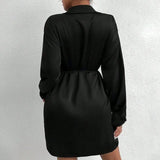 MQTIME  -  Elegant Lapel Collar Long Sleeve Mini Dress Fashion Hight Waist Button Satin Shirt Dress Casual Long Sleeve Solid Women's Dress
